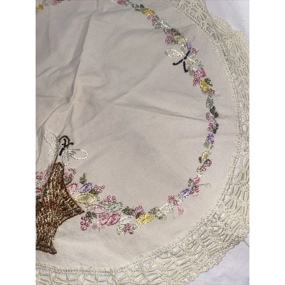 Doilie easter crochet Hand Embroidered Lace Floral Basket 25”Vintage Table